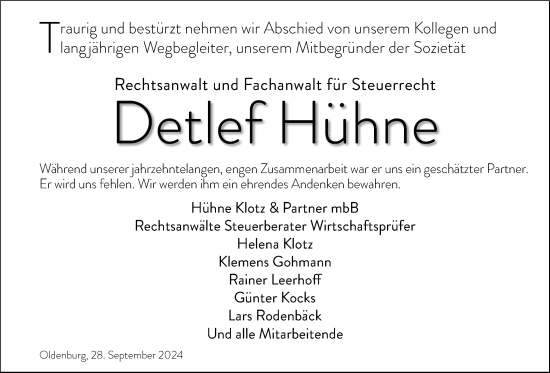 Traueranzeige von Detlef Hühne von Nordwest-Zeitung