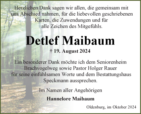 Traueranzeige von Detlef Maibaum von Nordwest-Zeitung