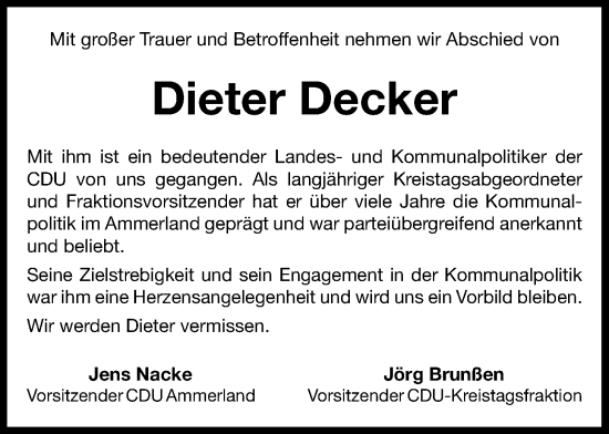 Traueranzeige von Dieter Decker von Nordwest-Zeitung