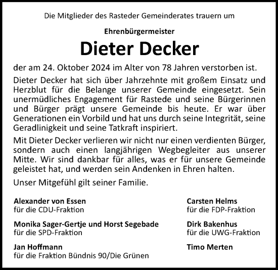 Traueranzeige von Dieter Decker von Nordwest-Zeitung