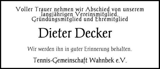 Traueranzeige von Dieter Decker von Nordwest-Zeitung