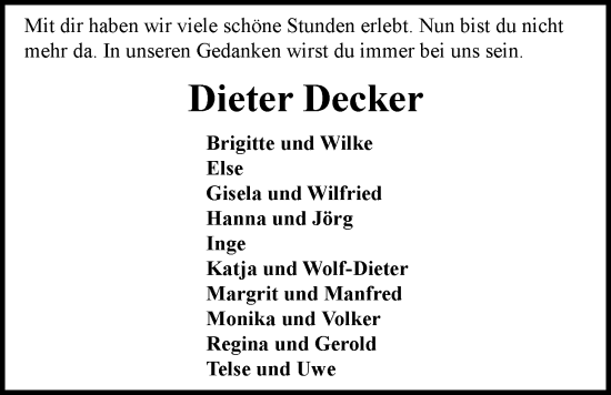 Traueranzeige von Dieter Decker von Nordwest-Zeitung