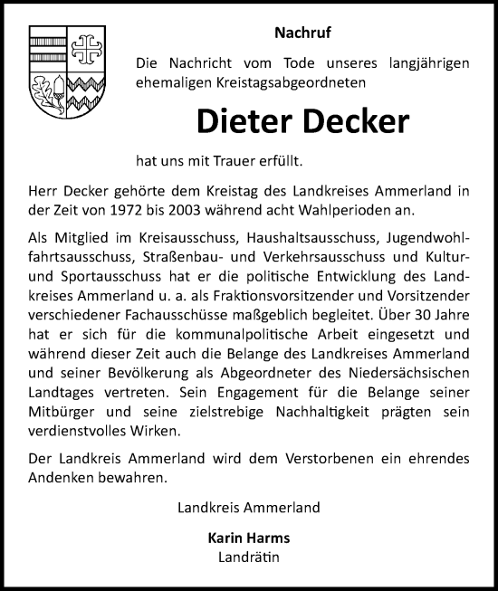 Traueranzeige von Dieter Decker von Nordwest-Zeitung