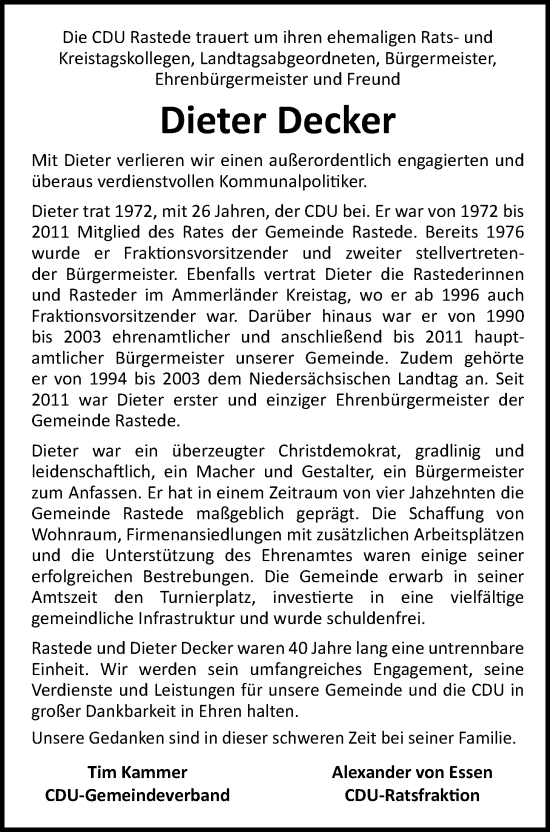 Traueranzeige von Dieter Decker von Nordwest-Zeitung