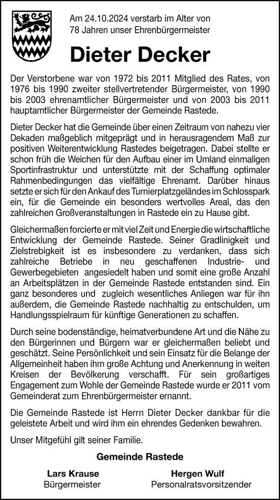 Traueranzeige von Dieter Decker von Nordwest-Zeitung