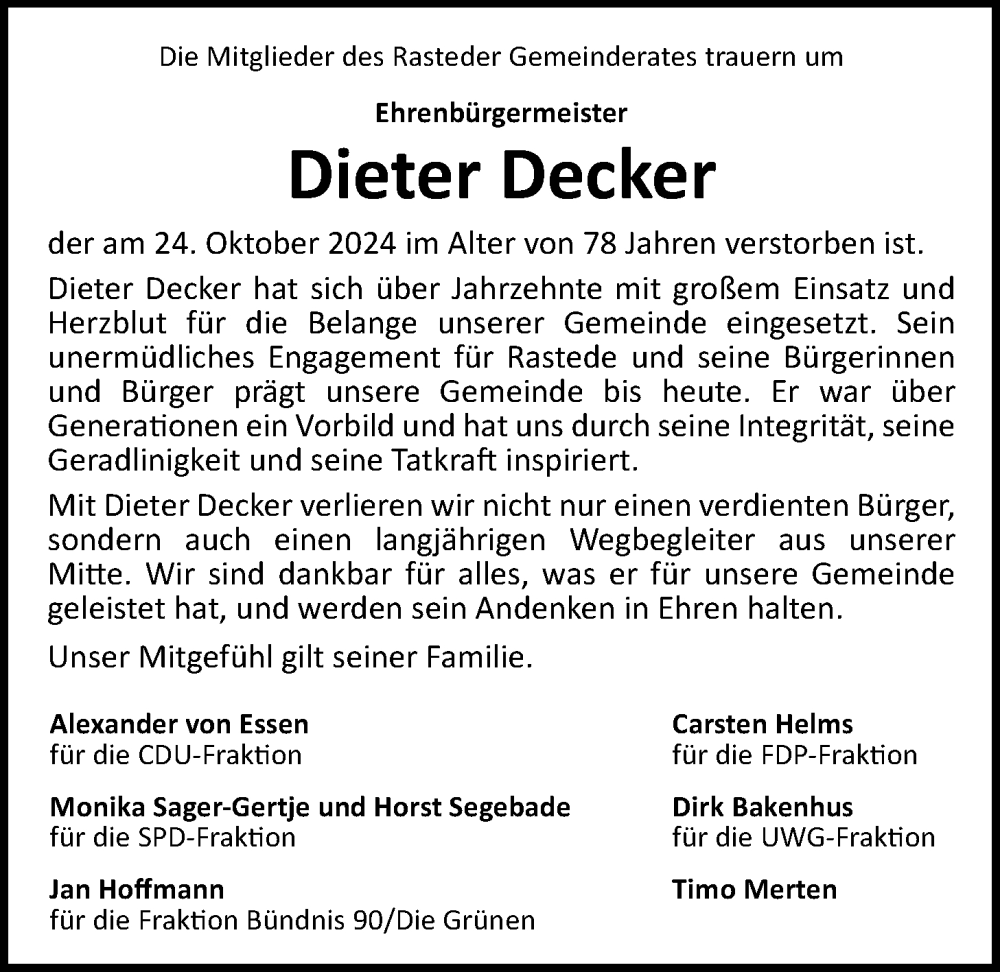  Traueranzeige für Dieter Decker vom 30.10.2024 aus Nordwest-Zeitung