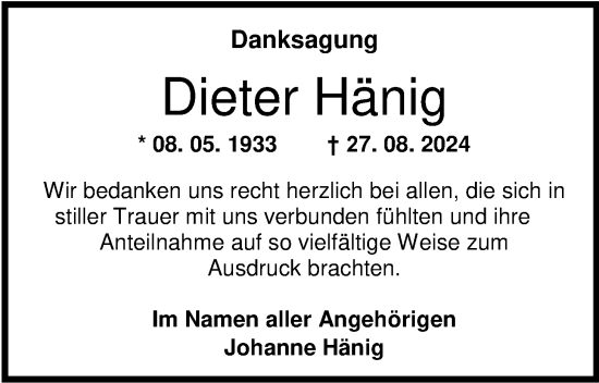 Traueranzeige von Dieter Hänig von WZ/JW/AH