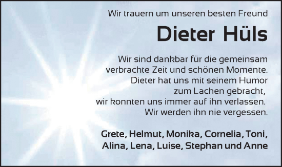 Traueranzeige von Dieter Hüls von WZ/JW/AH