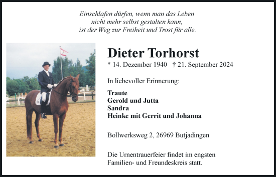 Traueranzeige von Dieter Torhorst von Nordwest-Zeitung