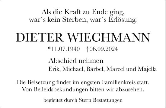 Traueranzeige von Dieter Wiechmann von Nordwest-Zeitung