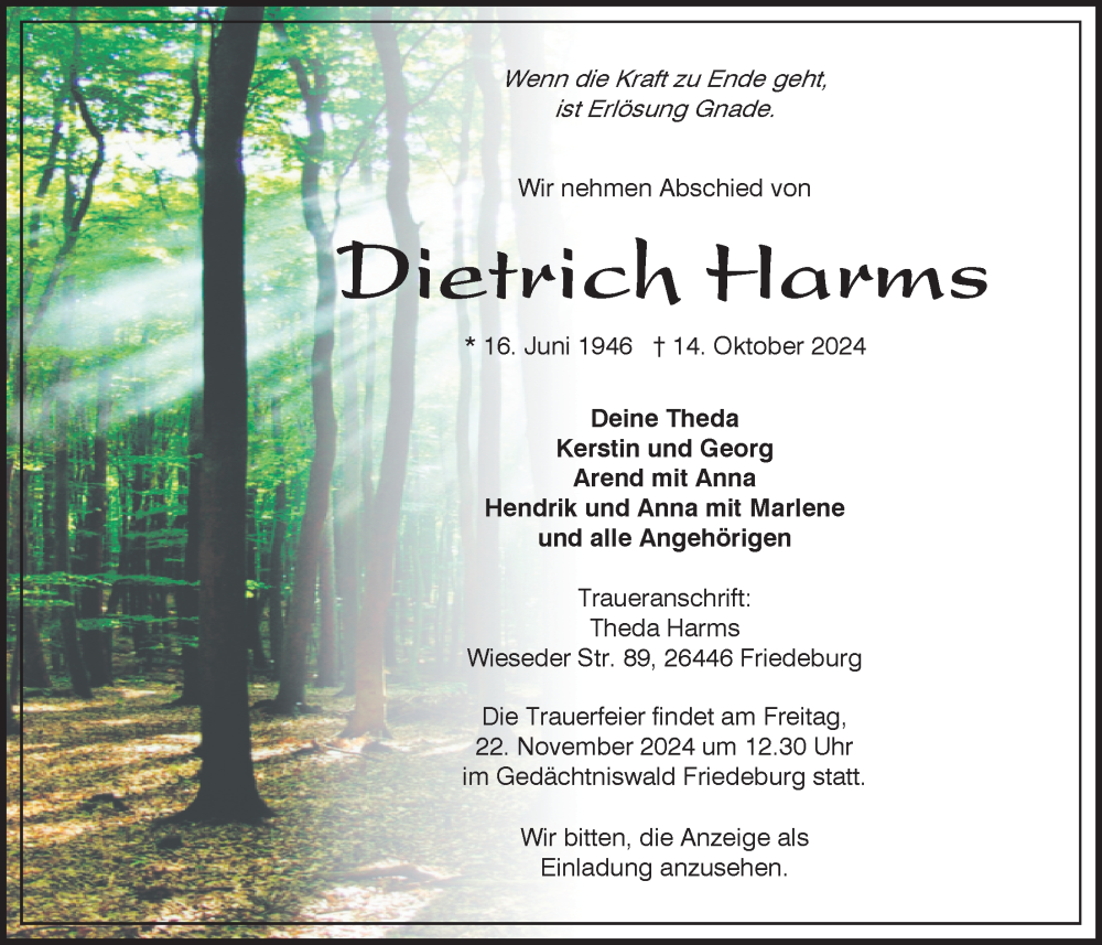  Traueranzeige für Dietrich Harms vom 17.10.2024 aus WZ/JW/AH