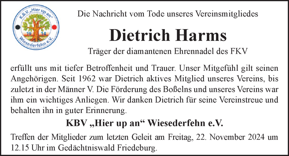  Traueranzeige für Dietrich Harms vom 25.10.2024 aus WZ/JW/AH