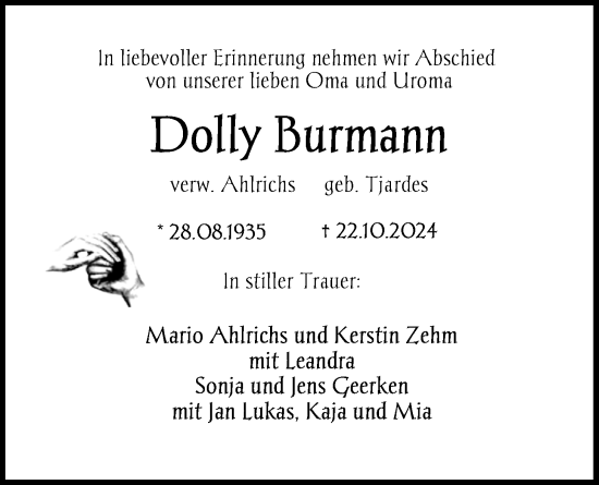 Traueranzeige von Dolly Burmann von WZ/JW/AH