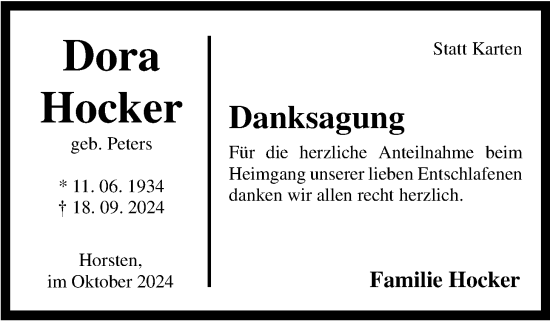 Traueranzeige von Dora Hocker von WZ/JW/AH