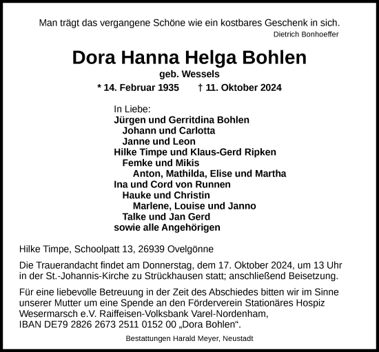 Traueranzeige von Dora Hanna Helga Bohlen von Nordwest-Zeitung