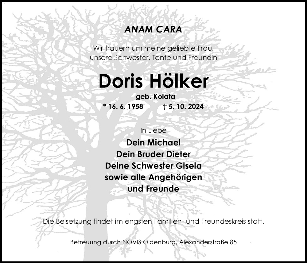  Traueranzeige für Doris Hölker vom 19.10.2024 aus Nordwest-Zeitung