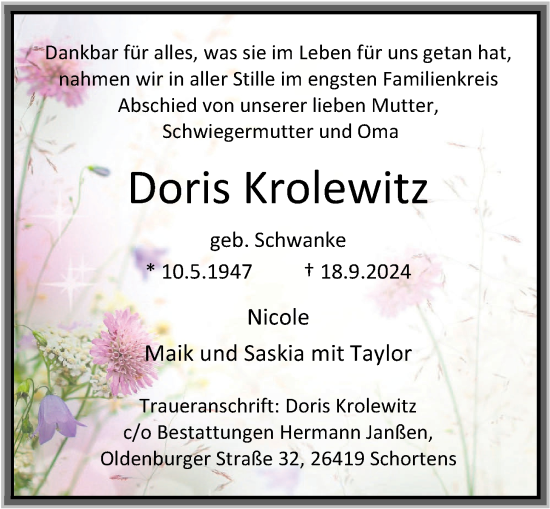 Traueranzeige von Doris Krolewitz von WZ/JW/AH