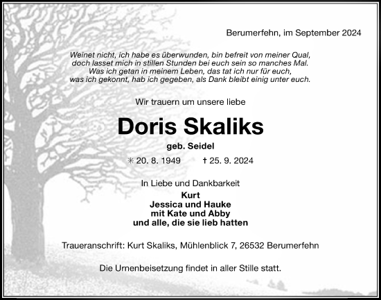 Traueranzeige von Doris Skaliks von Emder Zeitung