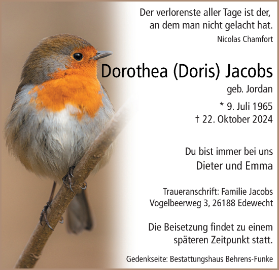 Traueranzeige von Dorothea Jacobs von Nordwest-Zeitung