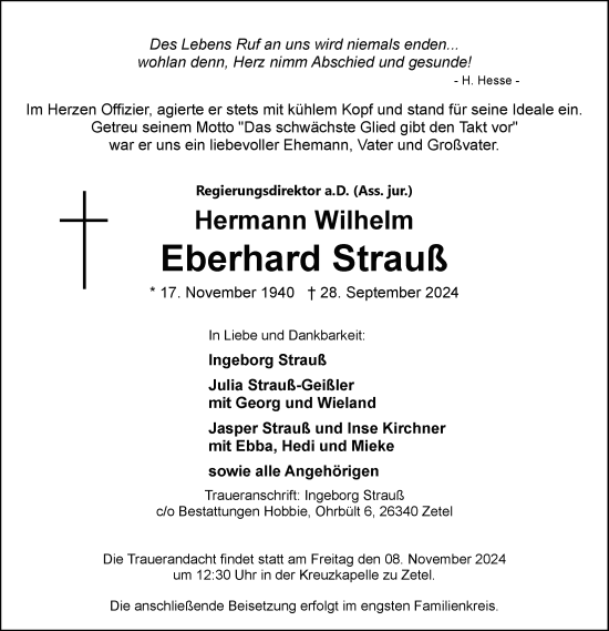 Traueranzeige von Eberhard Strauß von Nordwest-Zeitung