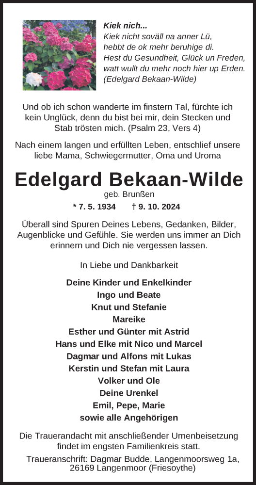  Traueranzeige für Edelgard Bekaan-Wilde vom 16.10.2024 aus Nordwest-Zeitung