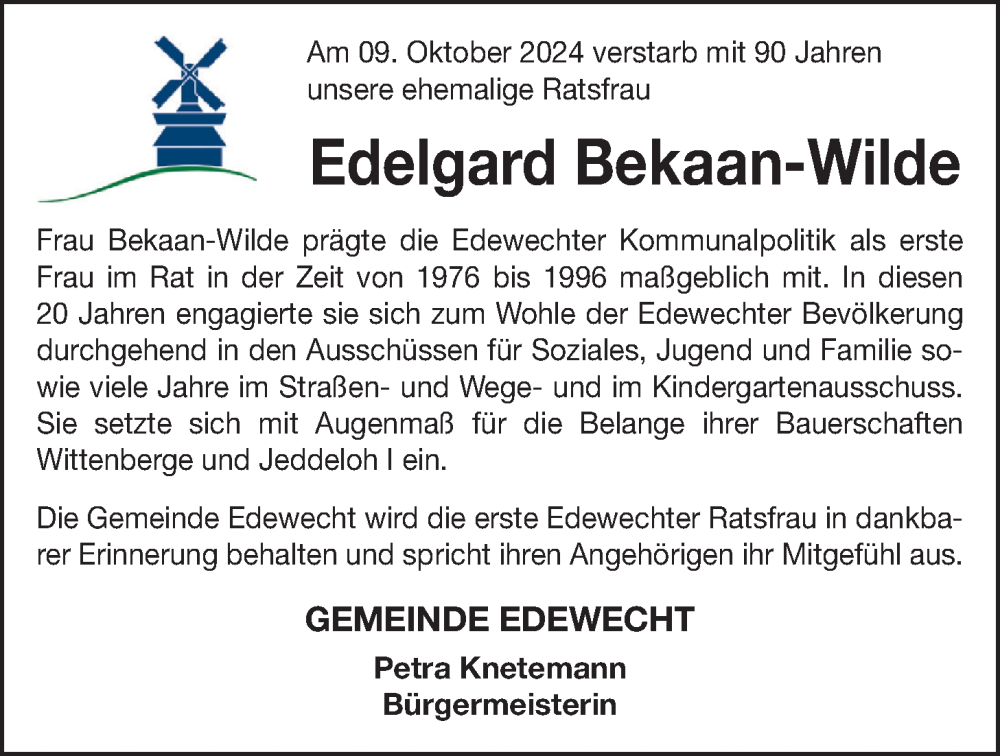  Traueranzeige für Edelgard Bekaan-Wilde vom 16.10.2024 aus Nordwest-Zeitung