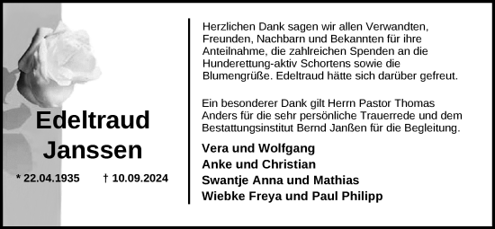 Traueranzeige von Edeltraud Janssen von WZ/JW/AH