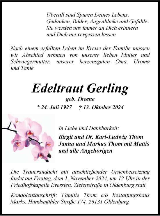 Traueranzeige von Edeltraut Gerling von Nordwest-Zeitung