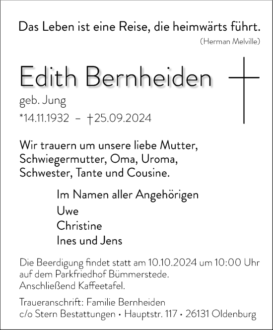 Traueranzeige von Edith Bernheiden von WZ/JW/AH