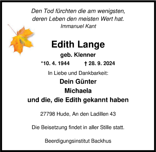 Traueranzeige von Edith Lange von Nordwest-Zeitung