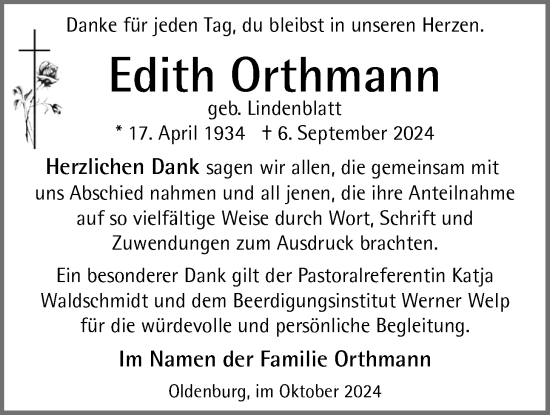 Traueranzeige von Edith Orthmann von Nordwest-Zeitung