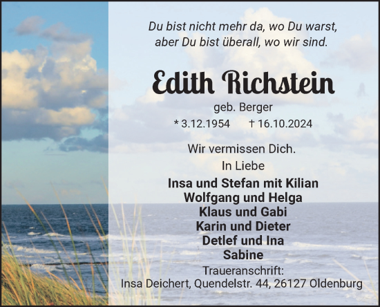 Traueranzeige von Edith Richstein von WZ/JW/AH