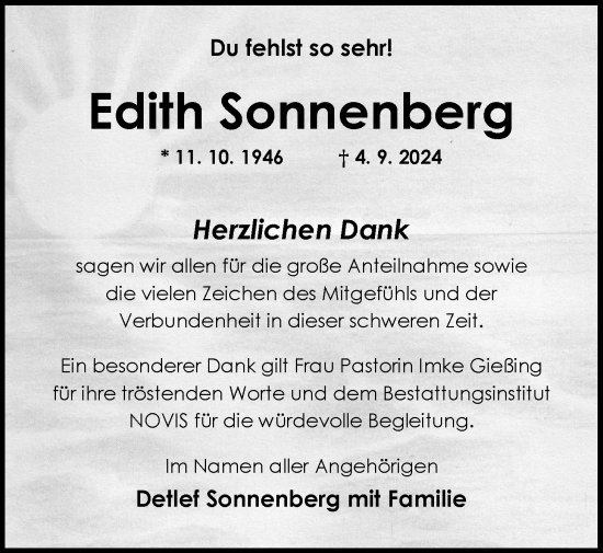 Traueranzeige von Edith Sonnenberg von Nordwest-Zeitung