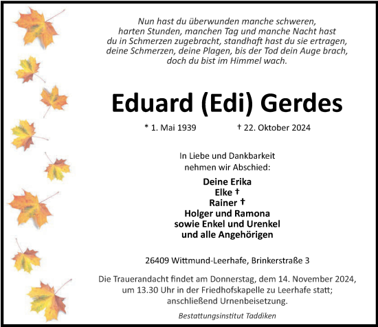 Traueranzeige von Eduard Gerdes von WZ/JW/AH