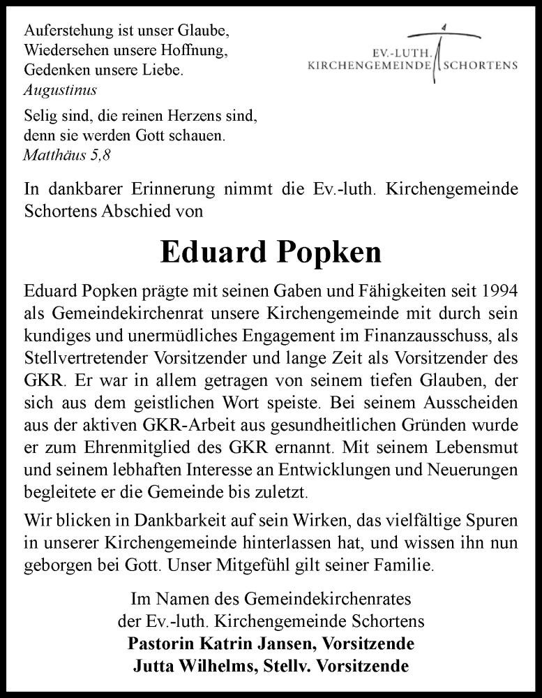  Traueranzeige für Eduard Popken vom 23.10.2024 aus Nordwest-Zeitung
