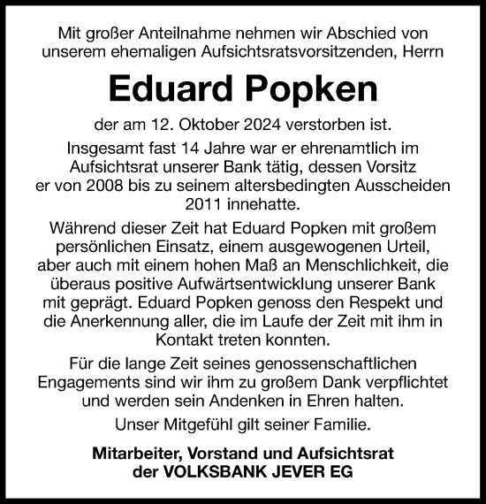 Traueranzeige von Eduard Popken von WZ/JW/AH