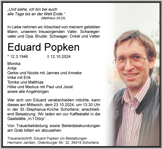 Traueranzeige von Eduard Popken von WZ/JW/AH