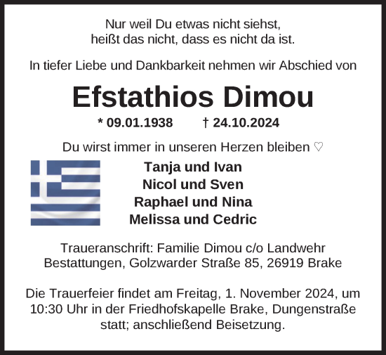 Traueranzeige von Efstathios Dimou von Nordwest-Zeitung