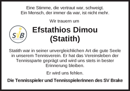 Traueranzeige von Efstathios Dimou von Nordwest-Zeitung