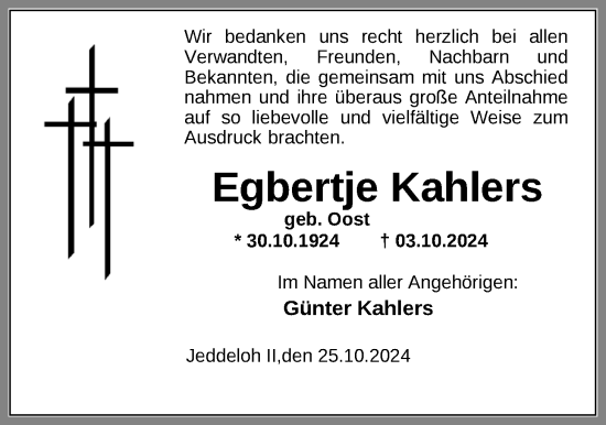 Traueranzeige von Egbertje Kahlers von Nordwest-Zeitung