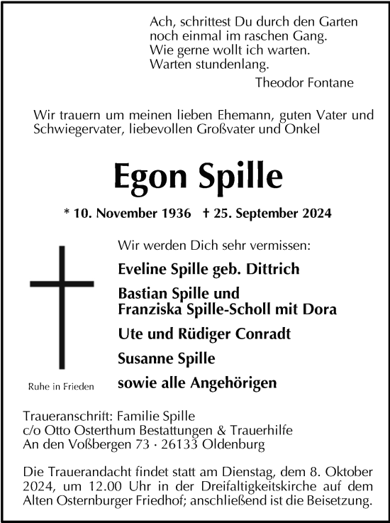 Traueranzeige von Egon Spille von Nordwest-Zeitung