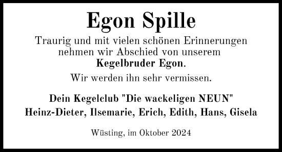 Traueranzeige von Egon Spille von Nordwest-Zeitung