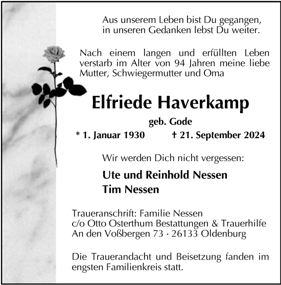 Traueranzeige von Elfriede Haverkamp von Nordwest-Zeitung