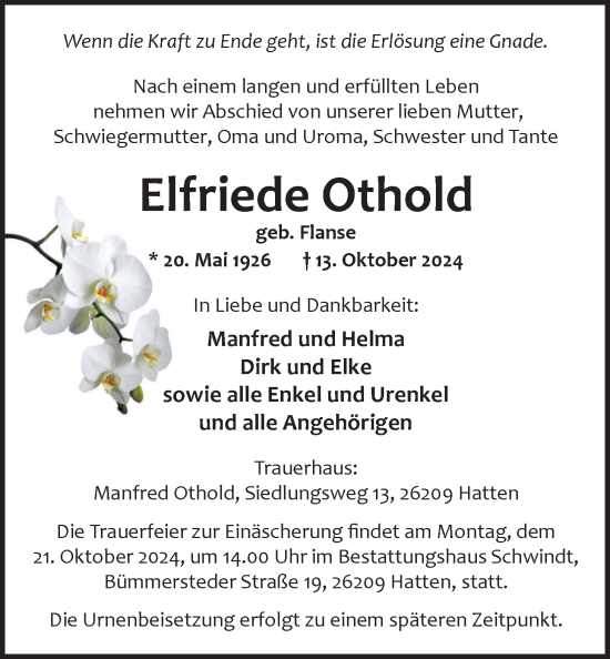 Traueranzeige von Elfriede Otholt von Nordwest-Zeitung