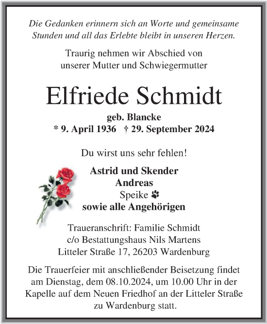 Traueranzeige von Elfriede Schmidt von Nordwest-Zeitung