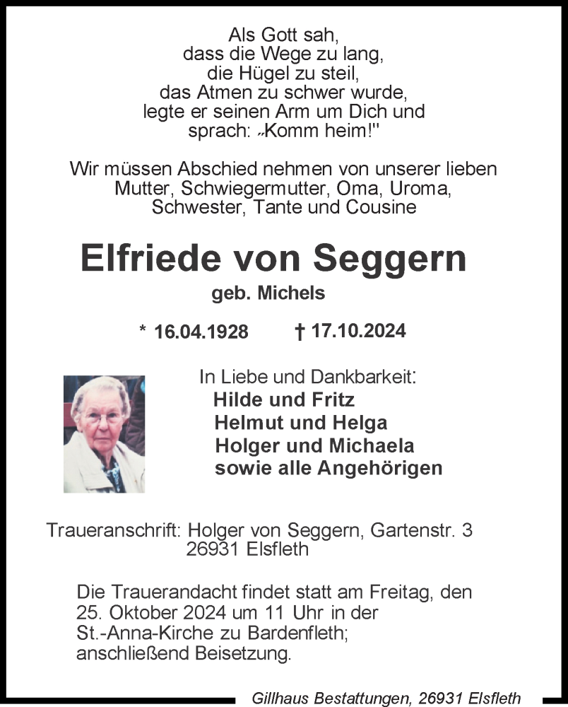  Traueranzeige für Elfriede von Seggern vom 22.10.2024 aus Nordwest-Zeitung