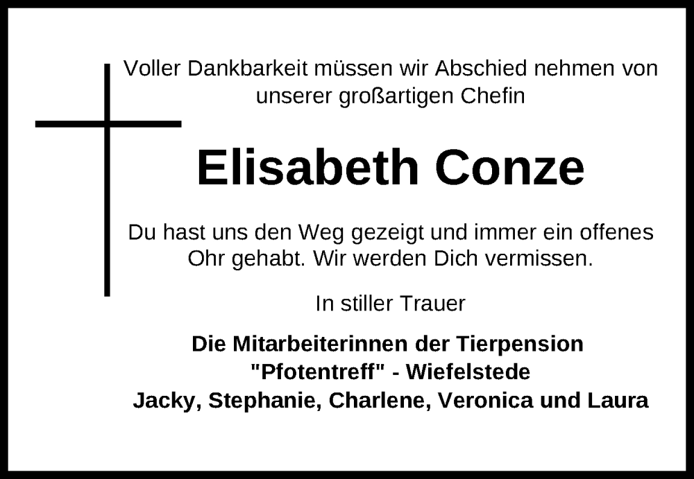  Traueranzeige für Elisabeth Conze vom 22.10.2024 aus Nordwest-Zeitung