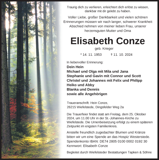 Traueranzeige von Elisabeth Conze von Nordwest-Zeitung
