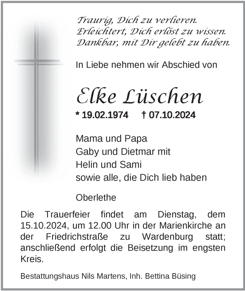  Traueranzeige für Elke Lüschen vom 11.10.2024 aus Nordwest-Zeitung