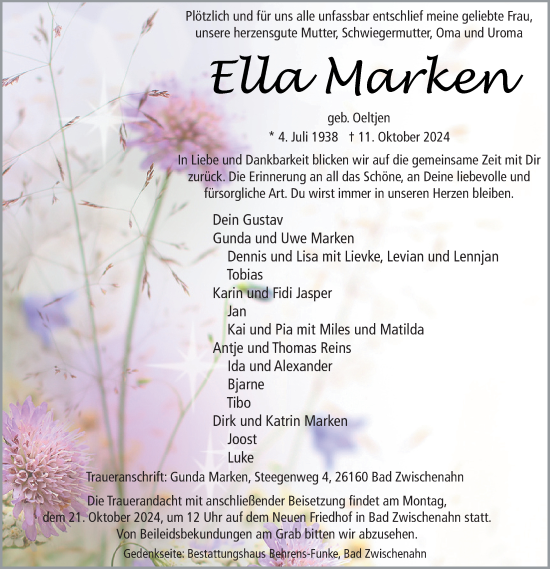 Traueranzeige von Ella Marken von Nordwest-Zeitung